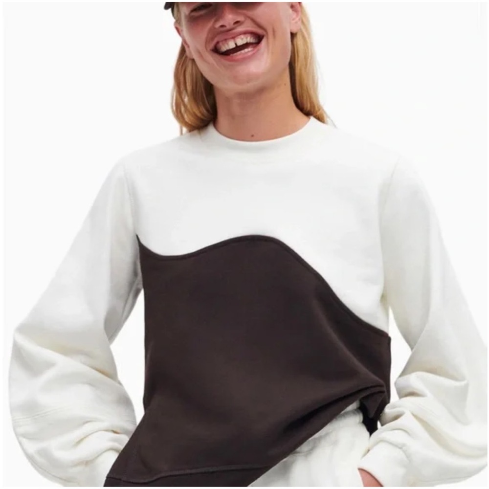 GANNI brown cream two tone Embroidered logo crewneck cotton fleece sweatshirt - Picture 2 of 9